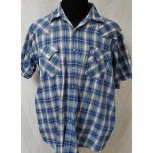 Plains Western Wear Mens XL Blue Plaid Pearl Snap Short Sleeve Cowboy Shirt